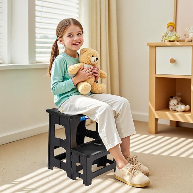 Korpai Folding 2 Step Stools,8" & 17" Dual Heights,Folding Step Hold up to 250 lbs,Step Stools for Adults and Kids,Step Stool for Dorm Bed,Kitchen Bedroom Office,Truck ect,Black