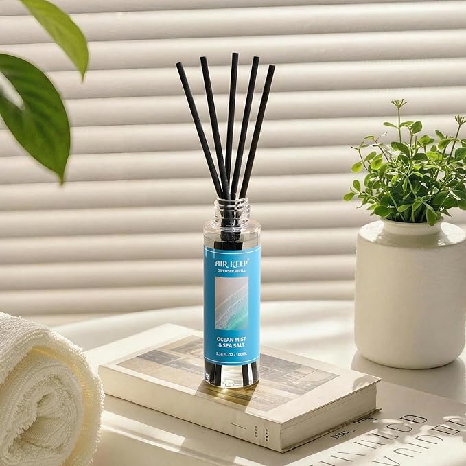 Airkeep Reed Diffuser Set,1.69 fl oz (100 ml) - Ocean Mist&Sea Salt Oil Diffusers with 8 Reed Sticks,Home Fragrance Reed Diffuser for Bathroom Shelf Decor