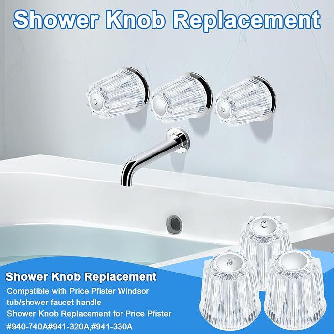 Shower Knobs 3 Piece Replacement and Flange Base, Clear Acrylic Plastic Hot/Cold/Diverter Shower Knob Compatible with Price Pfister Contessa and Windsor Bathtub Shower Faucet Handle