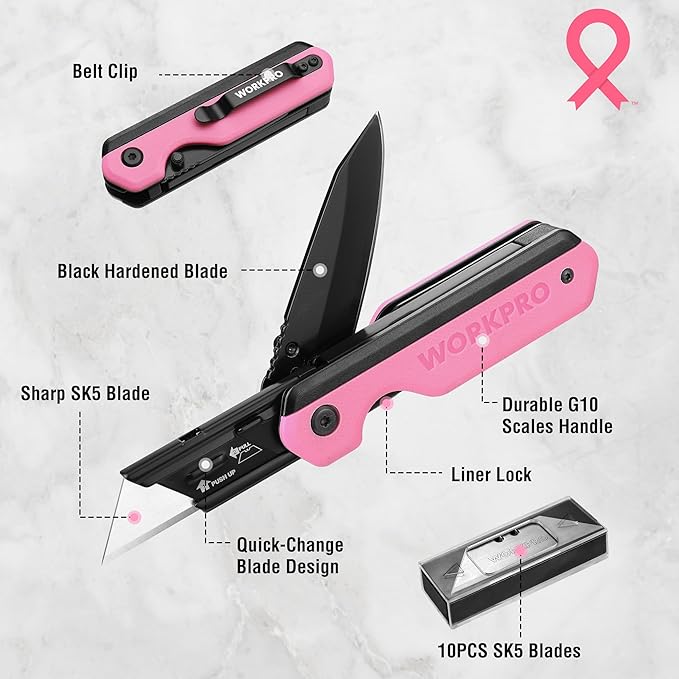 WORKPRO 2-in-1 Folding Knife/Utility Knife, Quick-Change Box Cutter with Belt Clip, Liner Lock, and G10 Handle, Extra 10 SK5 Blades Included - Pink Ribbon