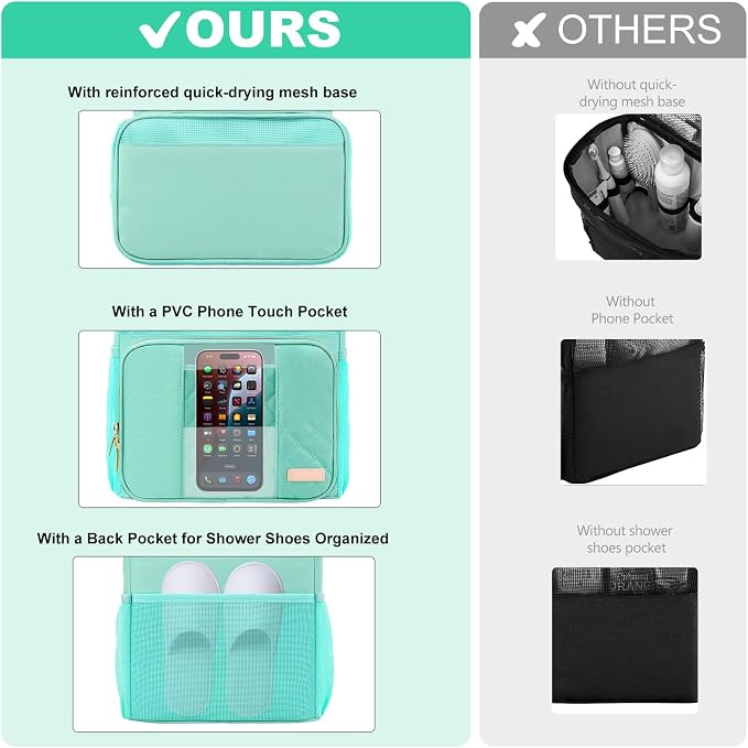 Portable Shower Caddy College Dorm Essentials(Full Size Bottle Compatible), Toiletry Bag for Women Men, Hanging Makeup Organizer Bag for Travel,Gym & Camping, Mint Green