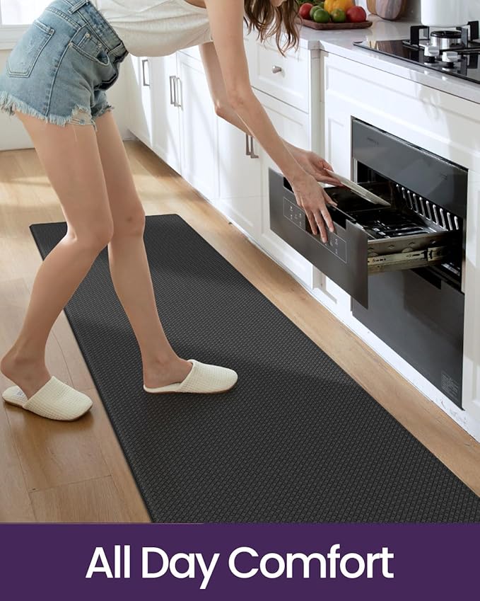 DEXI Kitchen Floor Mats Cushioned Anti Fatigue,17x29+17x59, Standing Runner Rug Waterproof, Comfort Memory Foam Padded for Front Sink Laundry Set of 2, Black