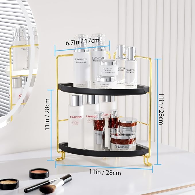 FSyueyun 2-Tier Corner Bathroom Counter Organizer, Tool-Less Installation Vanity Shelf Small Plastics Countertop Makeup Tray Skincare Perfume Organizers (Gold & Black)