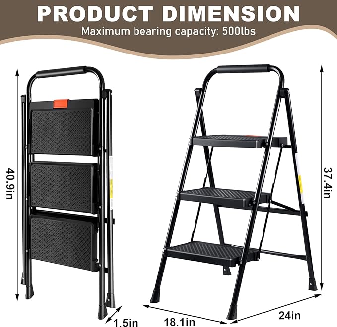 Valeo 3 Step Ladder, 3 Step Ladder for Adults with with Safe-Lock Design, Wide Anti-Slip Pedal, 500lbs Sturdy Steel Ladder, Step Stool Foldable with Cushioned Handle,Black