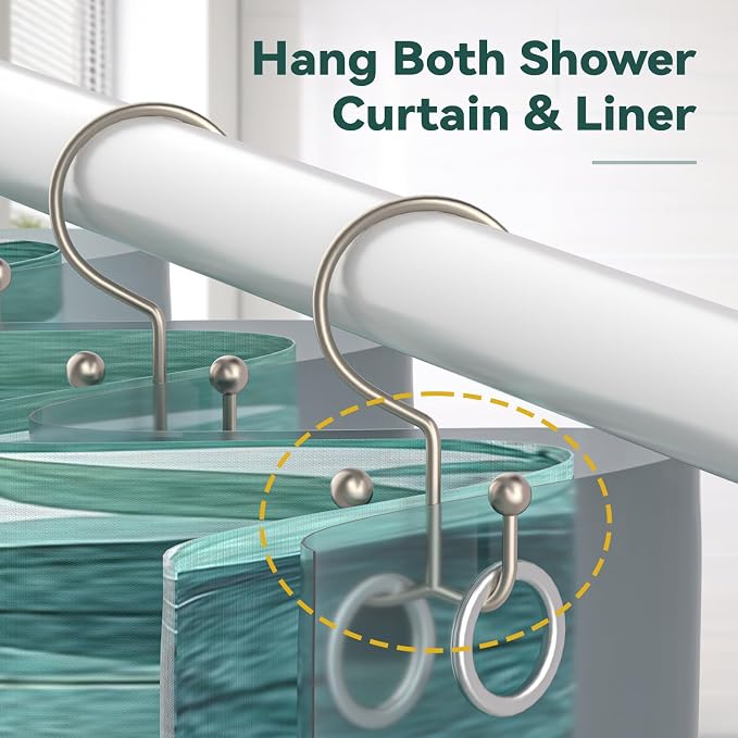 Goowin Shower Curtain Hooks, 12 Pcs Shower Curtain Rings, Durable Shower Curtain Rings Rust Proof, Double Glide Shower Rings for Curtain, Simple Shower Hooks for Shower Curtain & Liner, Matte Nickel