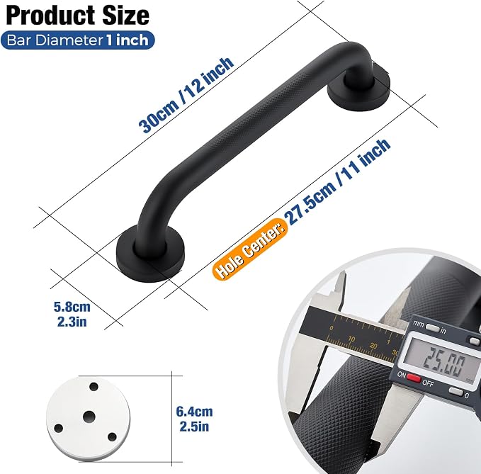 Grab Bars for Shower 2 Pack 12-Inch, Stainless Steel Anti-Slip Safety Shower Handle for Elderly Bathroom Wall Support Handicap Handicap Grab Bars for Seniors, Matte Black