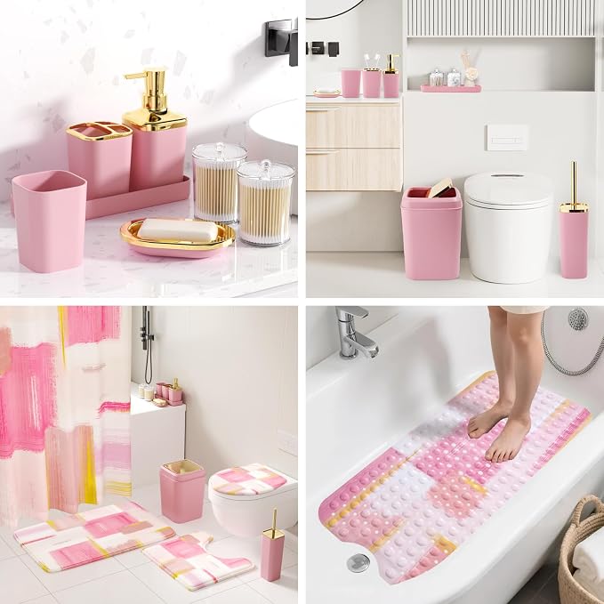 XLHOMO Bathroom Accessories Set - 26PCS Pink Bathroom Set, Bathroom Accessory Set with Shower Curtain and Rugs and Bathtub Mats for Home