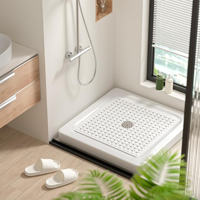 HITSLAM Non Slip Shower Stall Mat with Center Drain Hole, Diamond Textured PVC Bath Mat for Inside Shower, Machine Washable, Strong Suction Cups for Bathroom Bathtub Mat, 24x24 Inch, White
