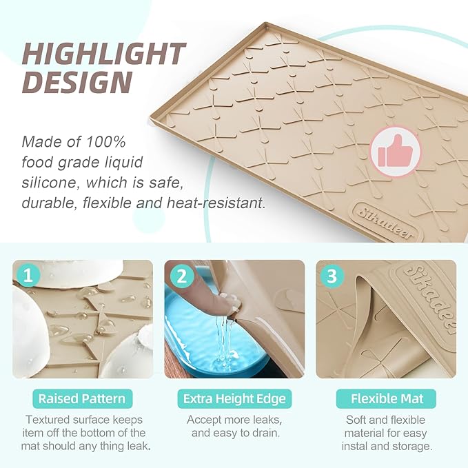 SIKADEER Waterproof Under Sink Mat 22x19, Raised Edge Silicone Mat Under Sink Shelf Liner, Sink Protector Kitchen Cabinet Tray for Bathroom Vanity and Small Cabinets, Cat Food Mat