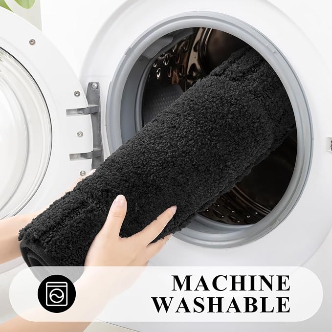 Pauwer Bathroom Rugs Sets 3 Piece Bathroom Shower Rugs with U-Shaped Contour Toilet Mat Absorbent Microfiber Plush Bath Mats Non Slip Bath Rugs Machine Washable Shaggy Bath Mat Set, Black