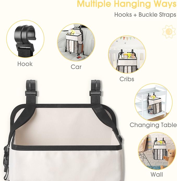 Maliton Hanging Diaper Organizer - Caddy for Changing Table, Crib, Pack n' Play - Stacker Holds 52+ Diapers - Nursery Organizer & Baby Shower Gifts - Beige
