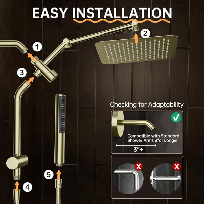 Veken All Metal 10" Shower Head with Handheld, Luxurious Square Double Rain Shower Heads with Spray Combo, Dual High Pressure Detachable Rainfall Showerhead with Extension Arm, Long Hose,Brushed Gold