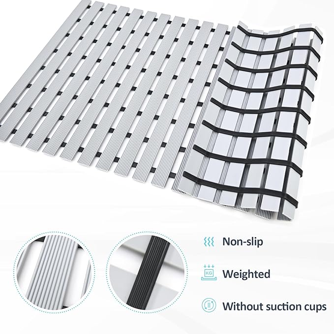 Grey Weighted Non Slip Bathtub Mat Without Suction Cups,Textured TPE Bath Mat for Textured Tub & Shower Surfaces,Doesn't Float, Works on Tile and Stone(33.8”x 17”)