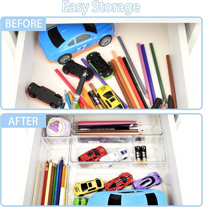 Manalete Drawer Organizers Set of 15, 4 Sizes Clear Plastic Drawer Organizers and Storage Bins for Kitchen, Bathroom, Office, Dresser Desk Drawer Organizer Tray for Jewelry, Makeup, Junk, Gadgets