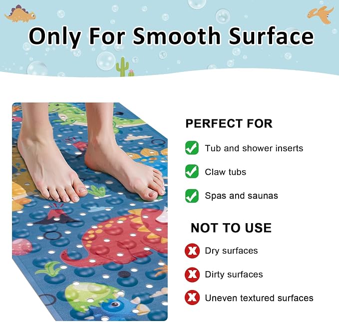 Topotdor Baby Bath Mat, Cartoon Bath Mat for Tub Non Slip Kids, 40x16 Inch Extra Long Toddler Bathtub Mat with Drain Holes & Suction Cups, Machine Washable Anti-Slip Shower Mat, Dinosaur