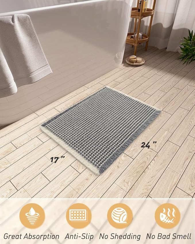 Upgraded Waffle Bath Mat, Super Absorbent Non Slip Bath Mats for Bathroom Floor, Machine Washable Bathroom Rugs with Tassels, Rubber Backed Bathroom Mats, Ultra Soft, 17" x 24",DarkGrey & Cream