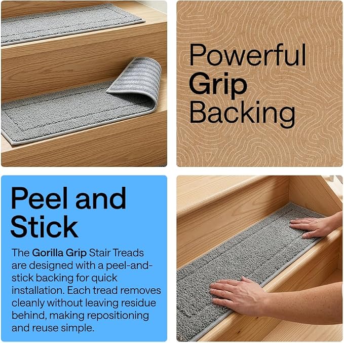 GORILLA GRIP Peel and Stick Stair Treads for Wooden Steps, Multi-Surface Use, Machine Washable Carpet Runners, Indoor Rugs for Stairs, Pet Friendly, Universal Size, 4 Pack Gray, 8x28 Inches