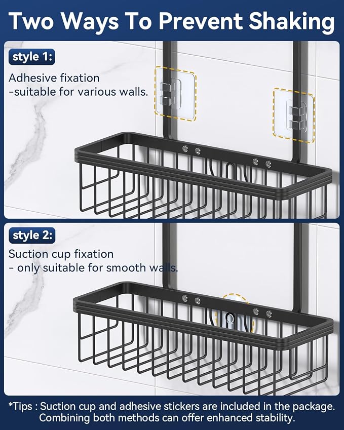 YASONIC Never Rust Shower Caddy Hanging, Aluminum Shower Racks for Inside Shower, 2-Tier Shower Organizer Hanging Over Shower Head with Hooks and Soap Holder, Black