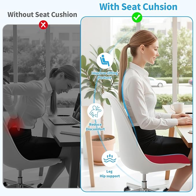 TranquilRelax Large Seat Cushion, Memory Foam Cushion for Long Sitting Hours on Office Chair, Home & Car, Non-Slip Chair Pad for Relieving Back & Sciatica & Hip & Coccyx Pain (Red)