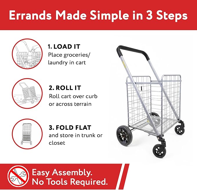 dbest Products Cruiser Cart Deluxe 2 - Foldable Shopping Cart with Wheels & Brake System - Heavy Duty Collapsible Utility Cart for Groceries & Laundry - Holds 100 lbs - Silver, Alloy Steel