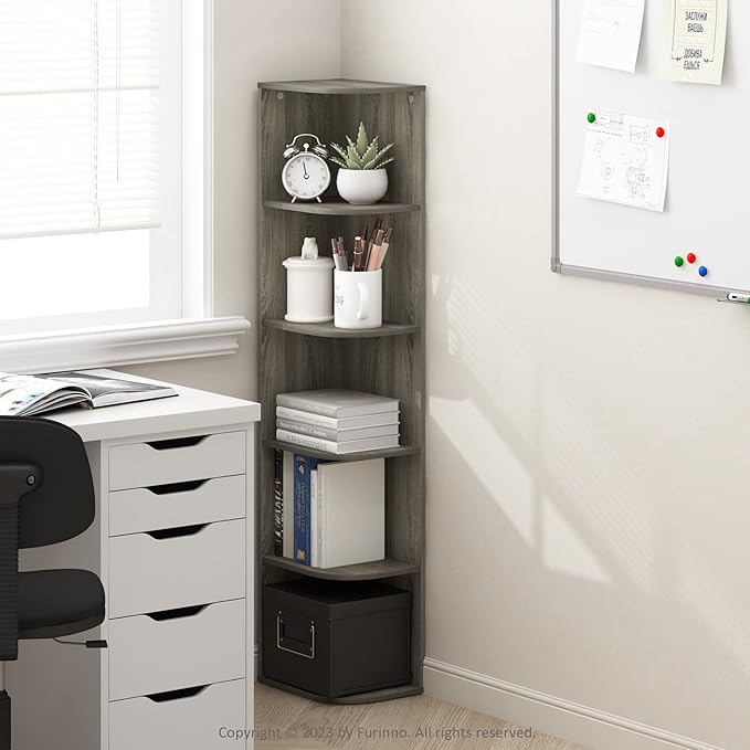 Furinno PASIR Book Shelf, 5-Tier Corner Bookshelf with Open Shelf, Standing Bookcase, 9.3 x 12 x 51.7, for Organization and Storage, for Living Room, Bedroom, Home Office, French Oak