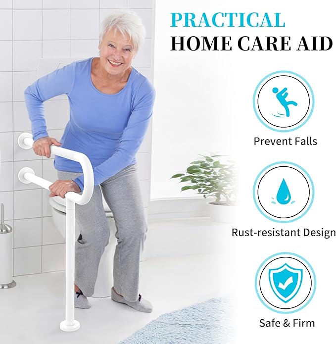 White Toilet Support Rail 32 Inch, Munzong Anti-Slip Floor to Wall Handicap Grab Bar for Bathroom, Stainless Steel Knurled Safety handrails with Leg for Elderly Disabled Pregnant-1.25’Tube