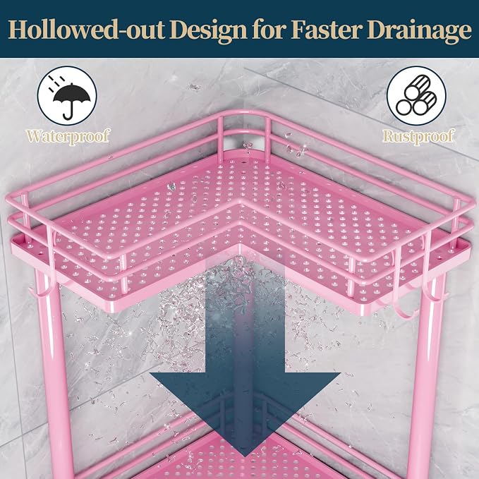 Consumest Corner Shower Caddy Standing - 3-Tier Stainless Steel Shower Organizer with Soap Holder and 4 Hooks, Large Capacity Corner Shelf Stand for Bathroom, Rest Room, Pink