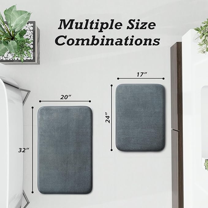 HUXMEYSON Bathroom Rugs Sets 2 Piece, Non-Slip & Quick Dry Bath Mat Set, Ultra Soft Velvet Bath Rugs for Bathroom, Toilet and Shower Floor, Grey