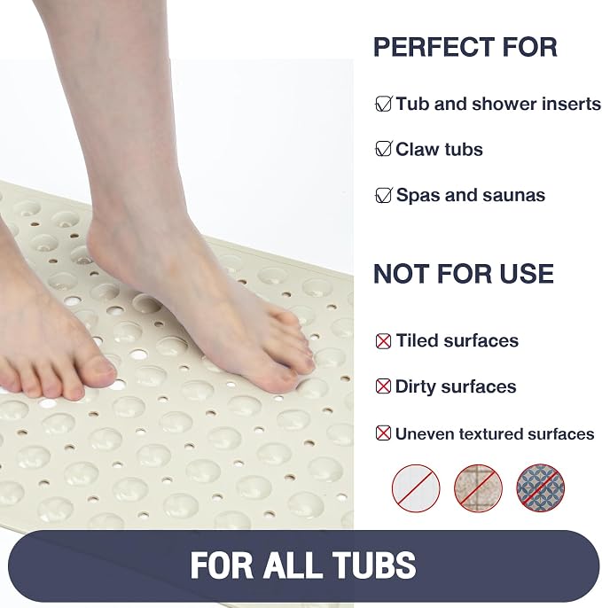 Extra Long Bathtub Mat Non Slip, Beige Soft Bath Mat for Tub 40 x 16 Inch Full Size, Bath Tub Shower Mats for Bathroom Floor with Big Suction Cups and Drain Holes, Easy Washable, BPA Free