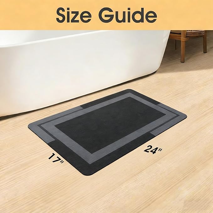ACCUMTEK Non Slip Bath Mat, Thin Bathroom Rugs Fit Under Door, Quick Dry Bath Mats, Machine Washable Bath Rugs for Bathroom, Bathtub & Kitchen, Bathtub, Black/Bordered/24 x17