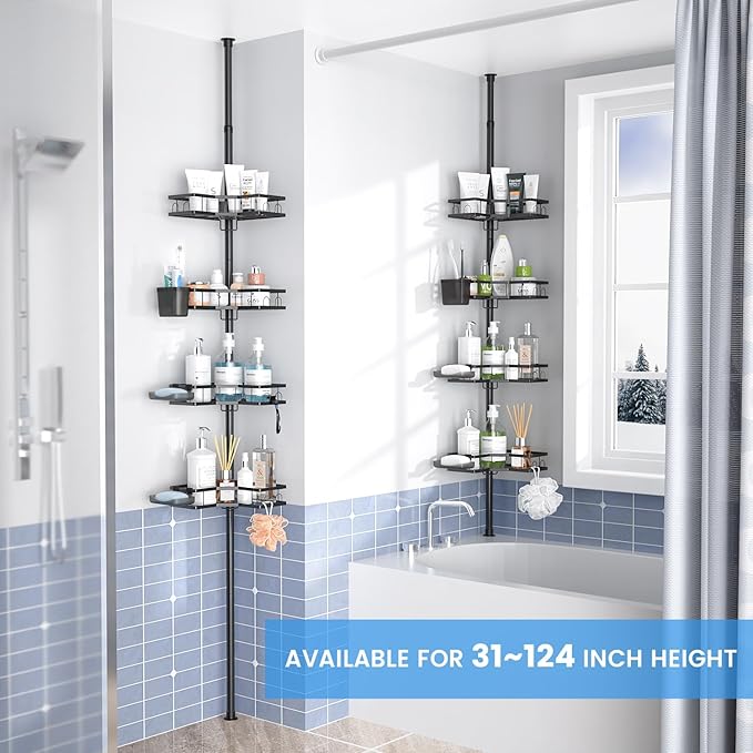 Corner Shower Caddy Tension Pole: 4-Tier Adjustable Rustproof Bathroom Organizer Shelves - No-Drill Bathtub Shampoo Rack Standing Shower Caddy for Renters, Apartment & Family Bathroom 31-124 inch