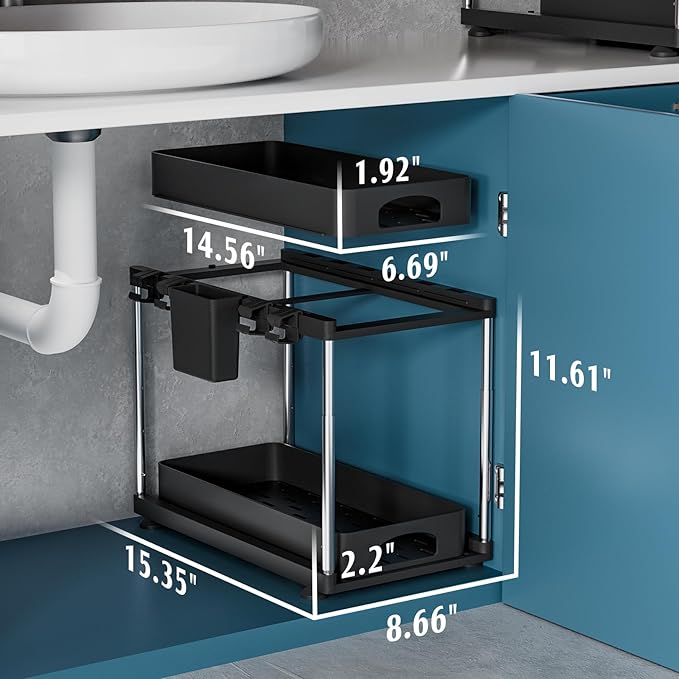 VERIFOST 2 Pack Under Sink Organizer, 2 Tier Under Sink Organizers and Storage for Kitchen Bathroom, Height Adjustable Cabinet Organizer with Two Slide-Out Drawers,Black