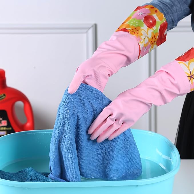 Bamllum 2 Pairs Rubber Cleaning Gloves, Household Kitchen Dishwashing Gloves with Cotton Flocked Liner, Long Cuff 16 Inches (Yellow+Pink, Large)