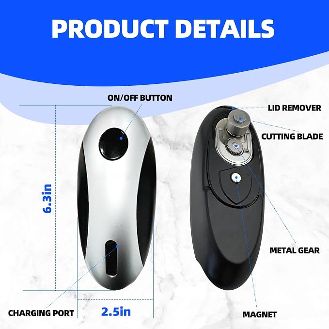Rechargeable Electric Can Opener, One-Touch, Smooth Edge, USB-C Fast Charge, for Seniors, Silver
