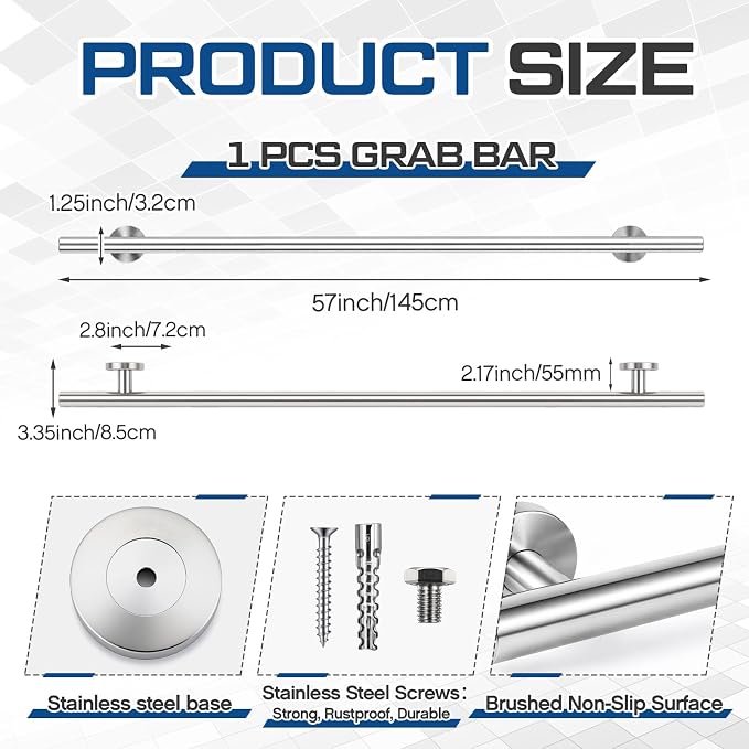Zonon 1 Pcs 57 Inch Grab Bar for Bathroom Shower Toilet Bathtub, Stainless Steel Extra Long Safety Grab Bar for Elderly, Heavy Duty Shower Support Handle for Seniors Handicapped (Modern,Silver)