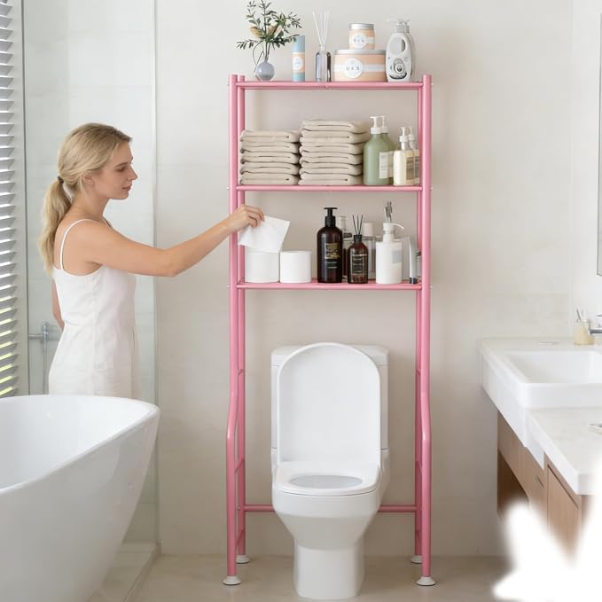 Livilord 3-Tier Over The Toilet Storage Rack, Space Saver Metal Bathroom Shelves, Freestanding Over Toilet Bathroom Organizer for Bathroom/Living Room (Pink)