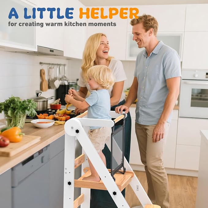 Foldable Toddler Tower, Toddler Kitchen Stool Helper with Safety Net, Wooden Kitchen Step Stool for Toddlers with Adjustable Height, Standing Tower for Learning and Cooking(White)