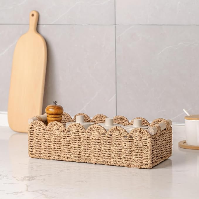CubesLand Paper Rope Scalloped Edge Toilet Paper Storage Basket, Small Living Room, Bedroom Decor Baskets for Over Toilet Storage Shelf, End Table, Shelves and More, with 2 Wooden Handle, Neutral
