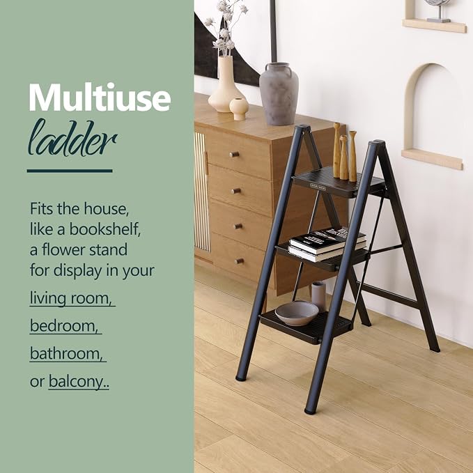 WOA WOA Step Ladder for Home, Foldable Step Stool for Kitchen with Non-Slip Pedals, Sturdy Ladders Supports up to 330 lbs, Compact and Portable - 3 Step/Black