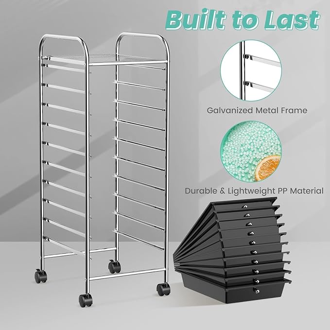 10-Drawer Rolling Storage Cart, Trolley w/Lockable 360° Wheels, 10 Removable PP Drawers, Sturdy Metal Frame, Rolling Utility Cart Perfect for Home, Office, Classroom (Black)