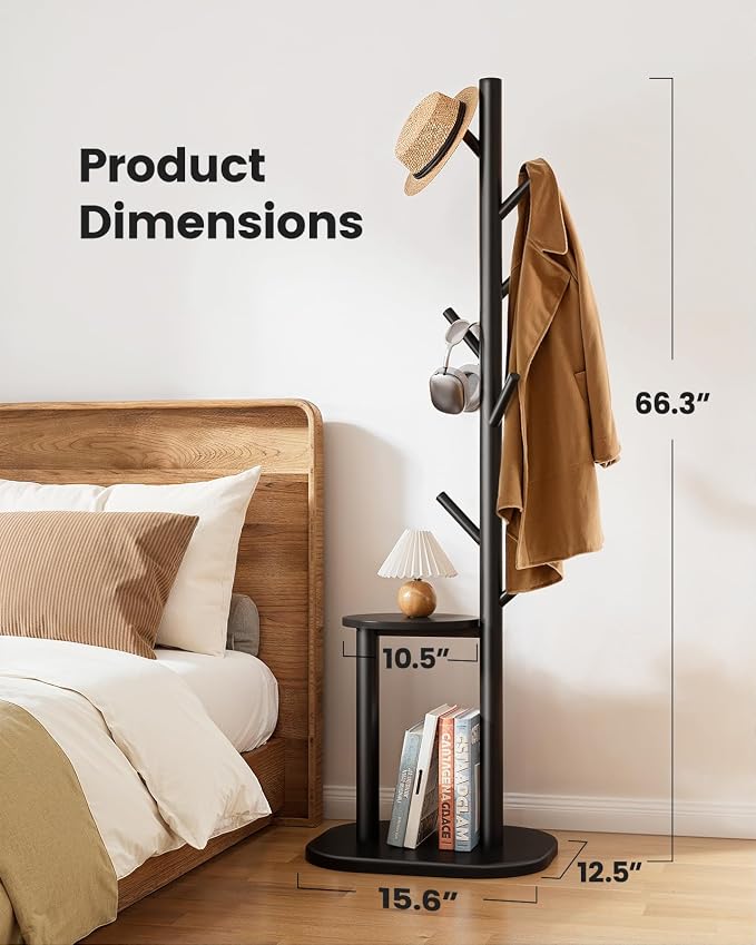 Pipishell Coat Rack, Freestanding Hall Tree with 8 Hooks & Storage Shelf, Solid Wood Base, 66.3″ Tall Coat Rack Stand for Coats, Hats, Bag in Entryway, Bedroom, Living Room, Black, PIFCR11B