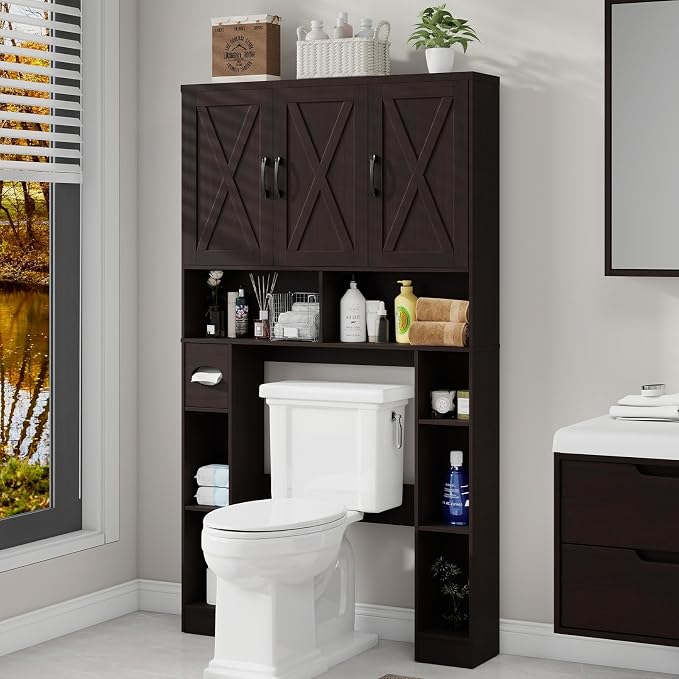 Over The Toilet Storage Cabinet, Farmhouse Toilet Cabinet Rack with 3 Barn Doors, Space Saving Bathroom Organizer with Shelves, Toilet Paper Holder and Towel Rack for Bathroom,Restroom.(Walnut).