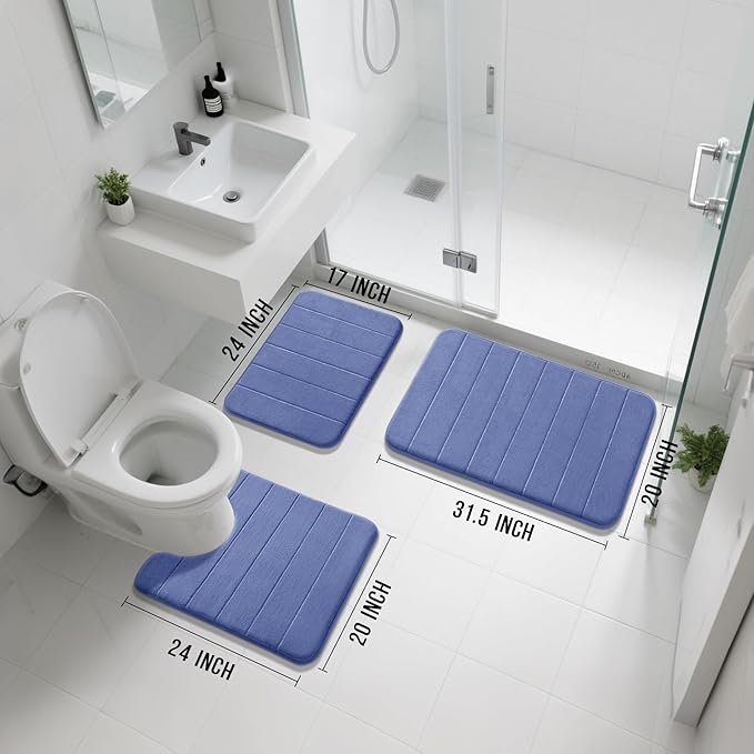 Yimobra Memory Foam Bath Mat Set 3 Pieces- Super Soft Absorbent Quick Dry Bathroom Rug Sets, Machine Washable Non Slip Floor Carpet for Tub Shower, Vanity & Toilet Base, Navy Blue