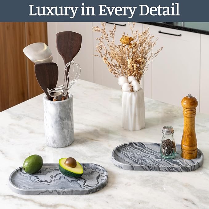 Koville Natural Marble Tray, 12"x6" Decorative Tray for Countertop, Catchall for Perfume, Candles, Jewelry Dish Elephant Grey