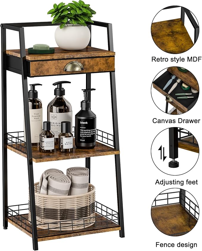 keomaisyto 3-Tier Bathroom Shelves with Canvas Drawer, Floor Bathroom Storage Shelf, Small Storage Stand Rack, Freestanding Ladder Shelf for Living Room Bedroom, Rustic Brown