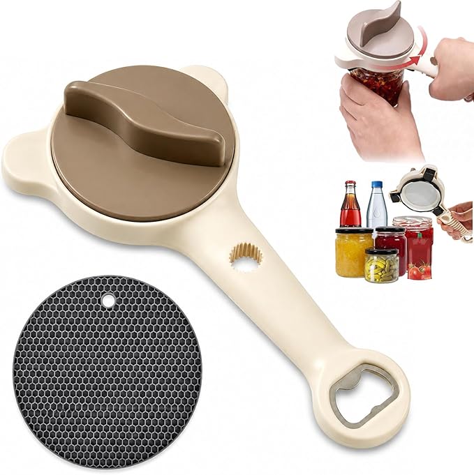 4-in-1 Jar Opener, Adjustable Bottle Lid Opener for Elderly and Arthritis Sufferers, Easy Grip for Weak Hands, Non-Slip, Effortless for Tight or Refrigerated Lids, Multi-Size for Jars Bottles(Beige)