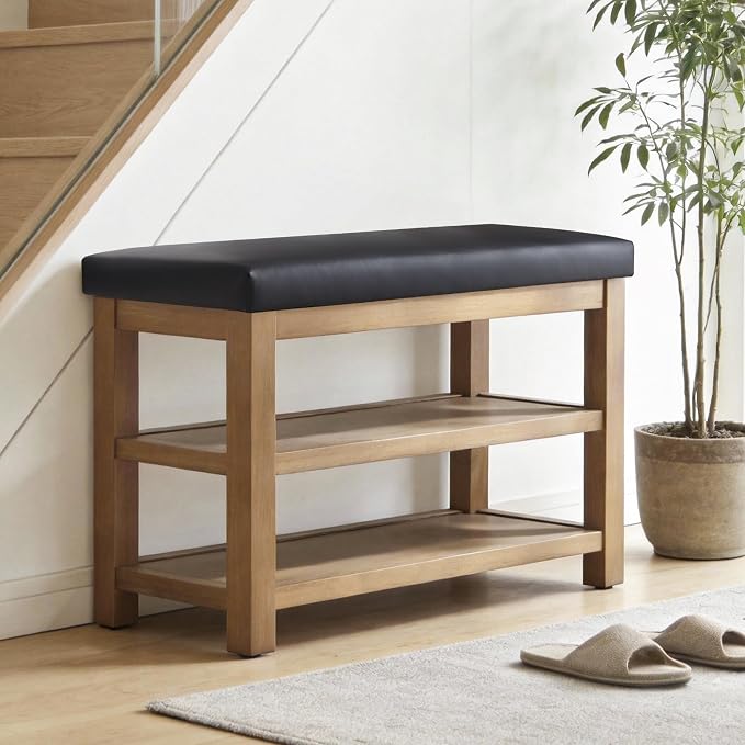 Zihanhome Shoe Rack Bench with Leather Cushion, 2 Tier Solid Wood Storage Bench, Mid-Century Modern Shoe Bench for Entryway, Hallway, Closet, Front Door Entrance, Foyer (Black, 31.5)