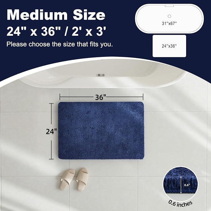 TYUU Navy Blue Bathroom Rugs, Ultra Soft Bath Rugs Non Slip Washable, Super Absorbent Quick Dry Bath Mat with Rubber Backing for Bathroom Floor, Shower, or Sink, Navy Blue 24" x 36"
