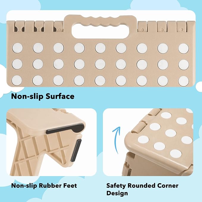 ACKO Folding Step Stool 9 Inch 300 lb Capacity, Plastic Foldable Step Stools for Kids and Adults, Folding Stools Suitable for Kitchen, Stepping Stool with Handle Khaki 1PC