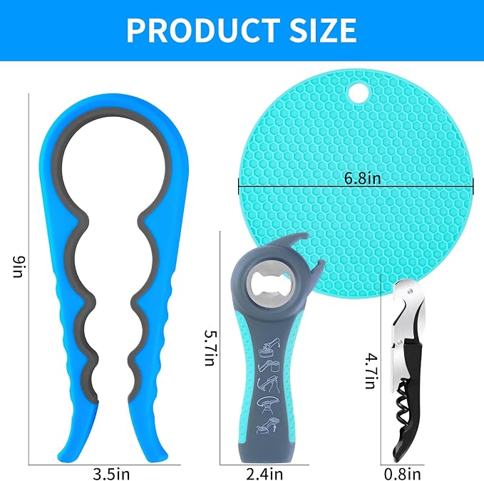 Bloss Anti-skid Jar Opener Can Opener Kitchen Grippers, 4 in 1 Multi Function Bottle Opener Lid Opener for Seniors with Arthritis, Caps and Bottles Kitchen Gadgets For Small Hands or Seniors, Blue